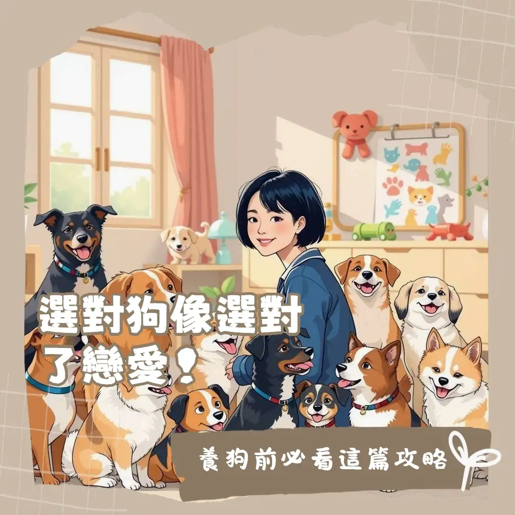 一張展示不同狗的種類的圖片,包含體型、毛髮與性格差異,概述了選擇與飼養指南。