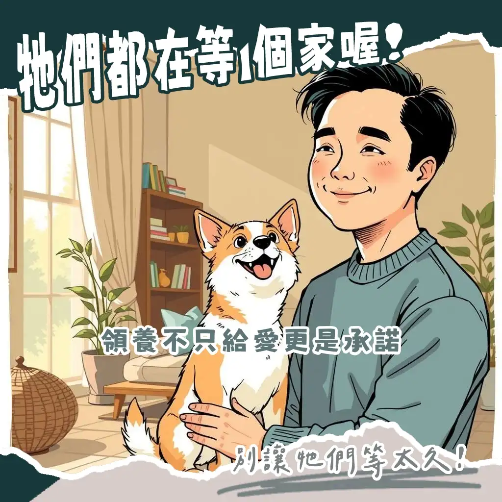 溫馨畫面,一隻狗狗在舒適的家中與飼主互動,圖文展示領養狗的快樂與過程。