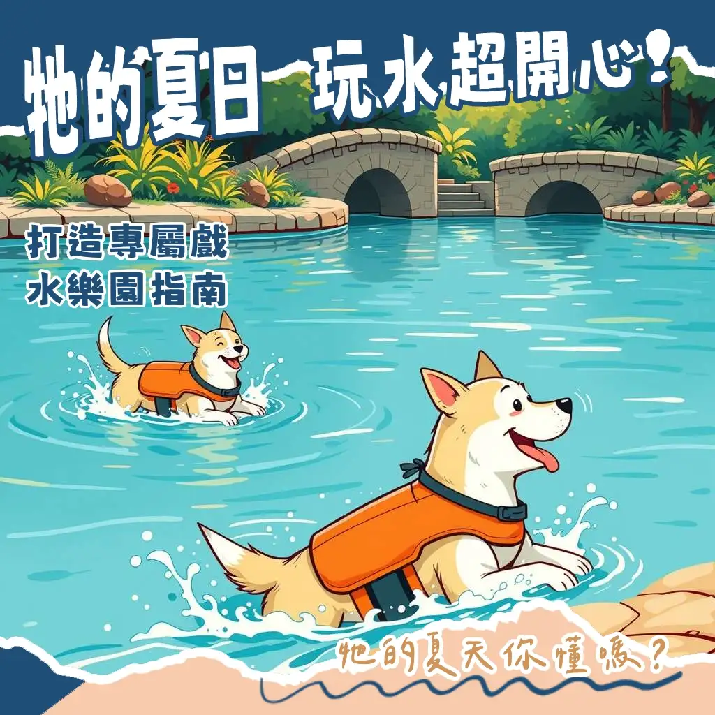 一隻開心的狗狗穿著救生衣在水中游泳,陽光灑落,呈現狗狗游泳的安全與快樂,文章提供狗狗游泳好處、訓練與注意事項。