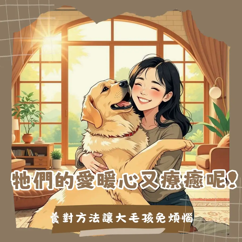 一隻溫馴的大狗狗品種在草地上玩耍，背景是陽光灑落的溫馨家庭場景，體現狗狗的陪伴與飼主愛護。