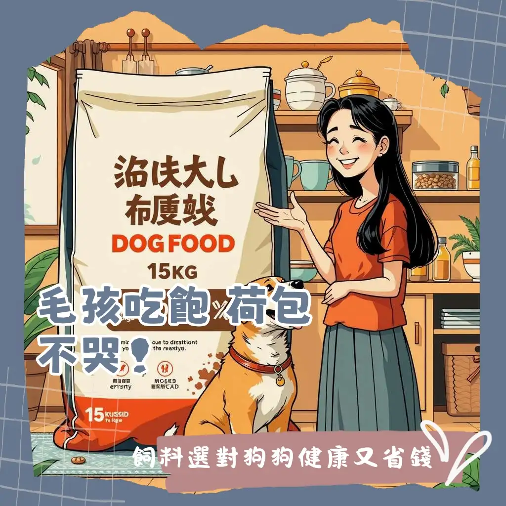一張可愛的黃金獵犬,開心地享用著碗中的狗飼料,旁邊放著一大包15公斤狗飼料,象徵著對狗狗的溫暖陪伴與健康照顧。