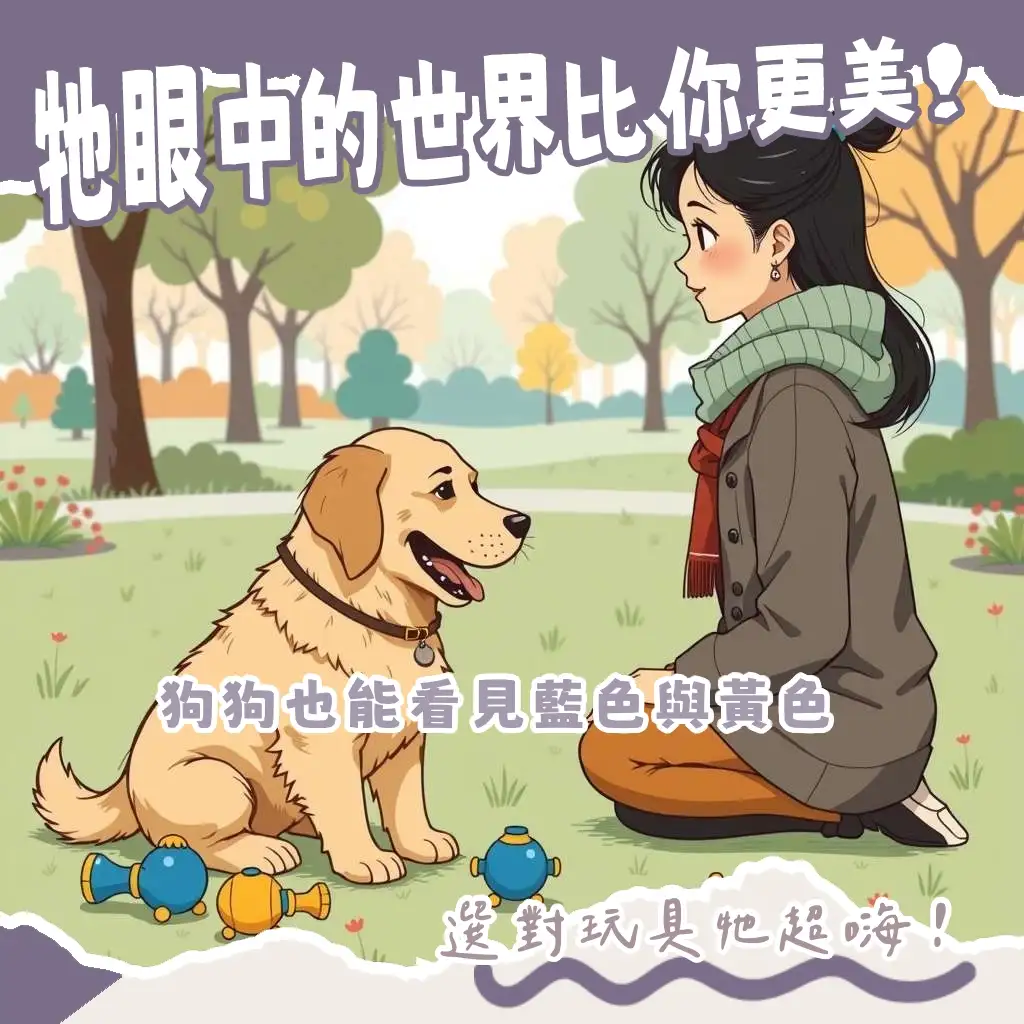 一隻狗狗正在玩藍色玩具,代表狗狗看得到的顏色主要是藍色和黃色,理解其視覺特性。