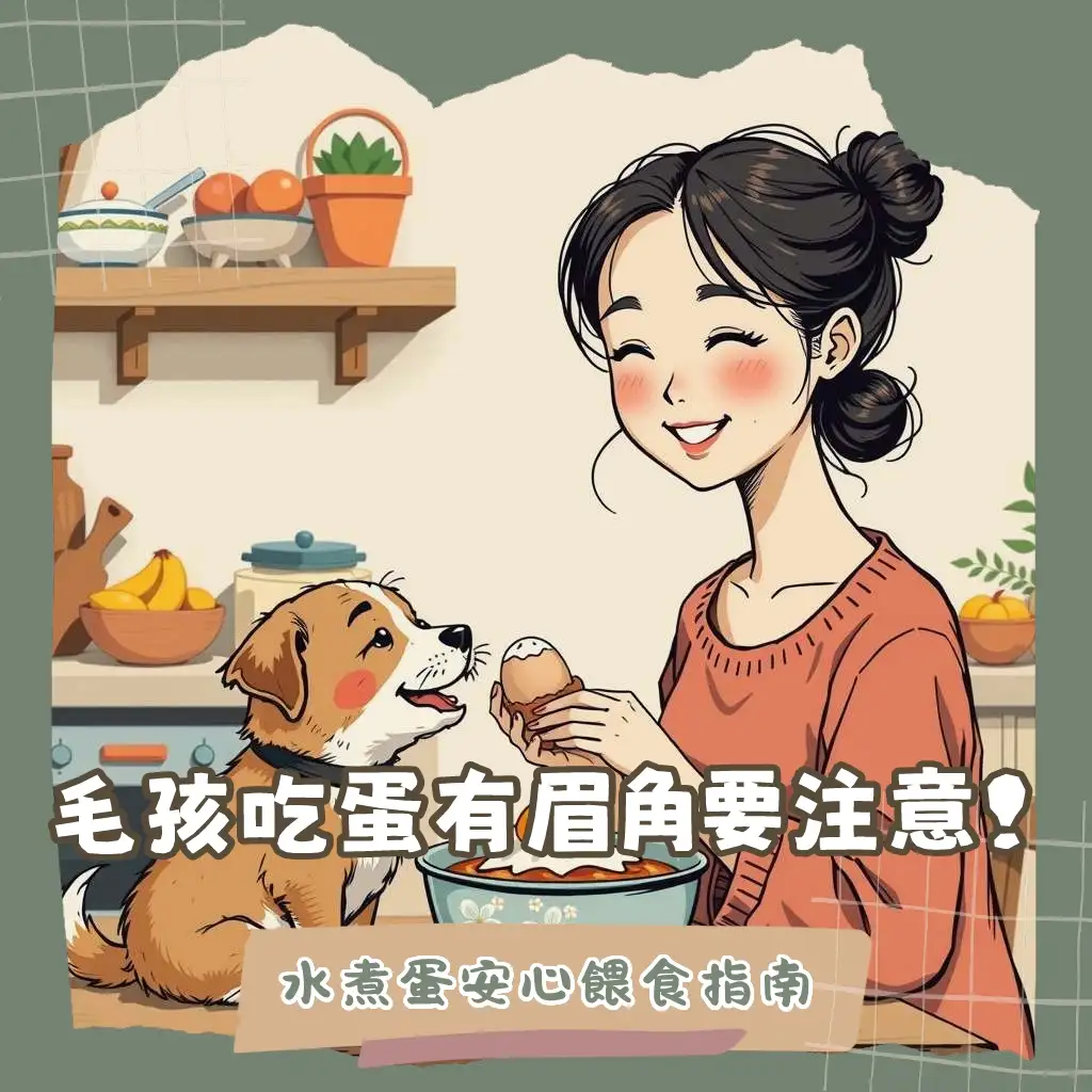狗狗可以吃水煮蛋，插圖顯示主人餵食煮熟雞蛋給開心狗狗的畫面，說明水煮蛋的健康益處和餵食注意事項。