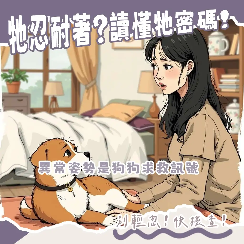 狗狗不舒服姿勢示意圖,包含弓背、顫抖、縮身,幫助飼主辨識狗狗健康警訊。