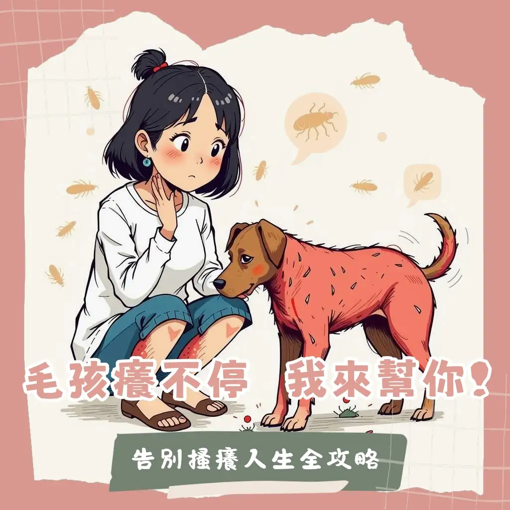 一隻狗狗正在搔癢，圖文說明狗狗皮膚病常見原因、症狀與獸醫建議，從日常照護、飲食管理到環境清潔全面解析。