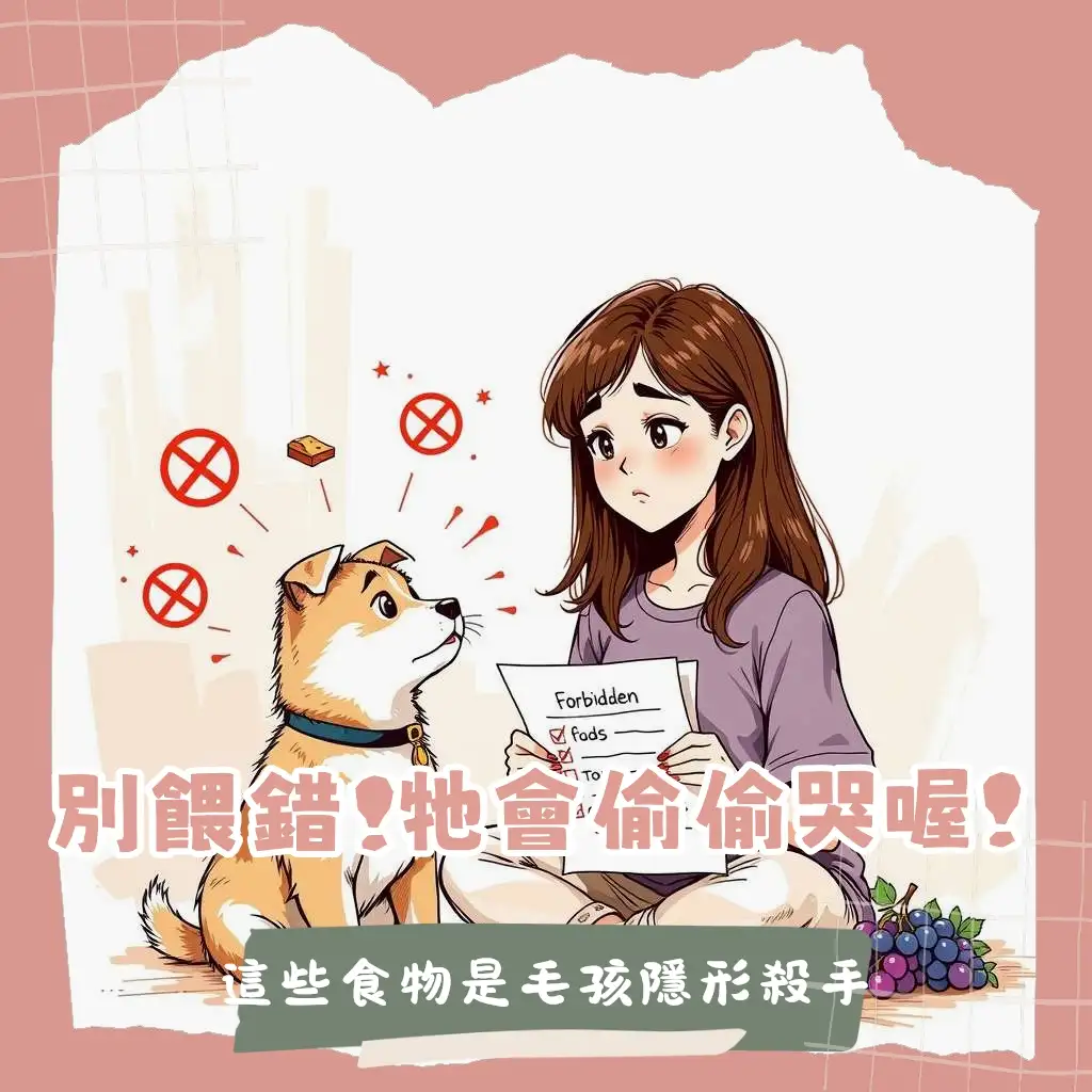 狗狗不能吃的食物清單，圖解常見有毒食物如巧克力、葡萄、洋蔥等，提供毛孩飲食安全指南。