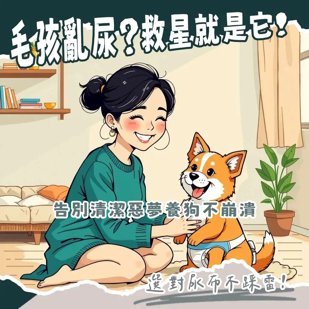 一張可愛的狗狗穿著藍色狗狗尿布坐在地板上，輕鬆面對排泄困擾，享受舒適生活。