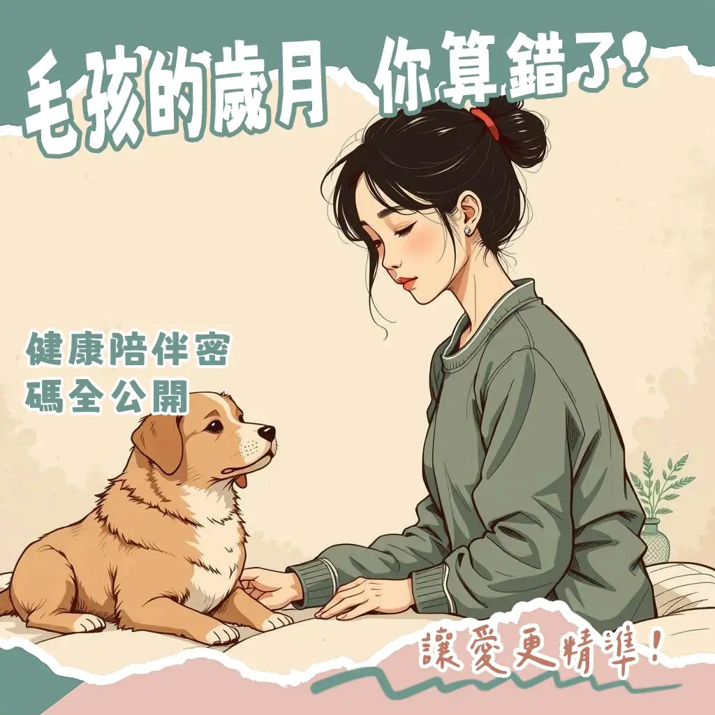 一隻可愛的狗狗，展示其牙齒、毛髮、眼神，說明如何判斷狗狗的年齡，同時解釋狗狗年齡換算人類歲數的科學方法與影響狗狗壽命的因素。