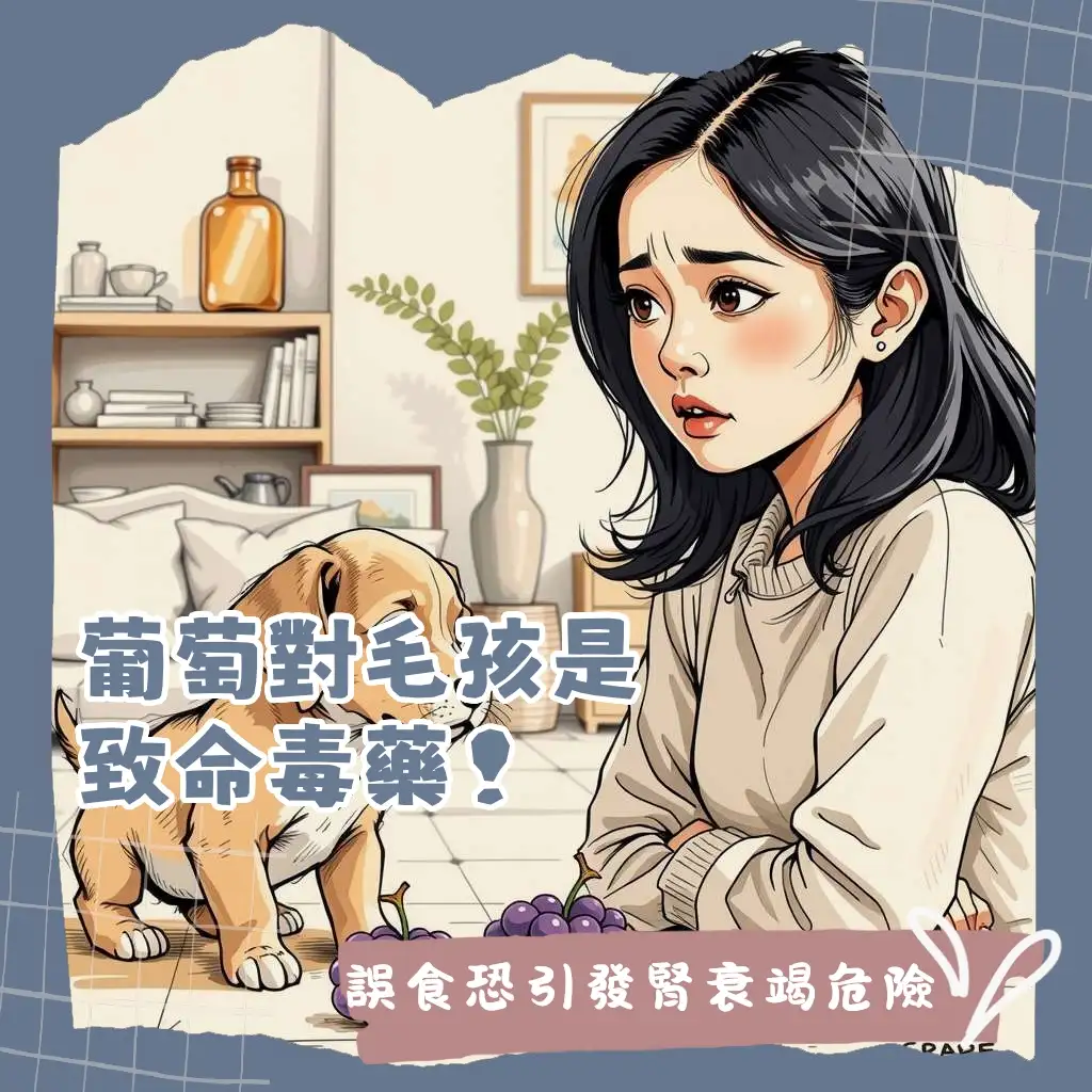一隻狗狗聞著葡萄，標示狗狗吃葡萄的危險性、中毒症狀與緊急處理方法，避免毛孩健康受損的必讀指南。