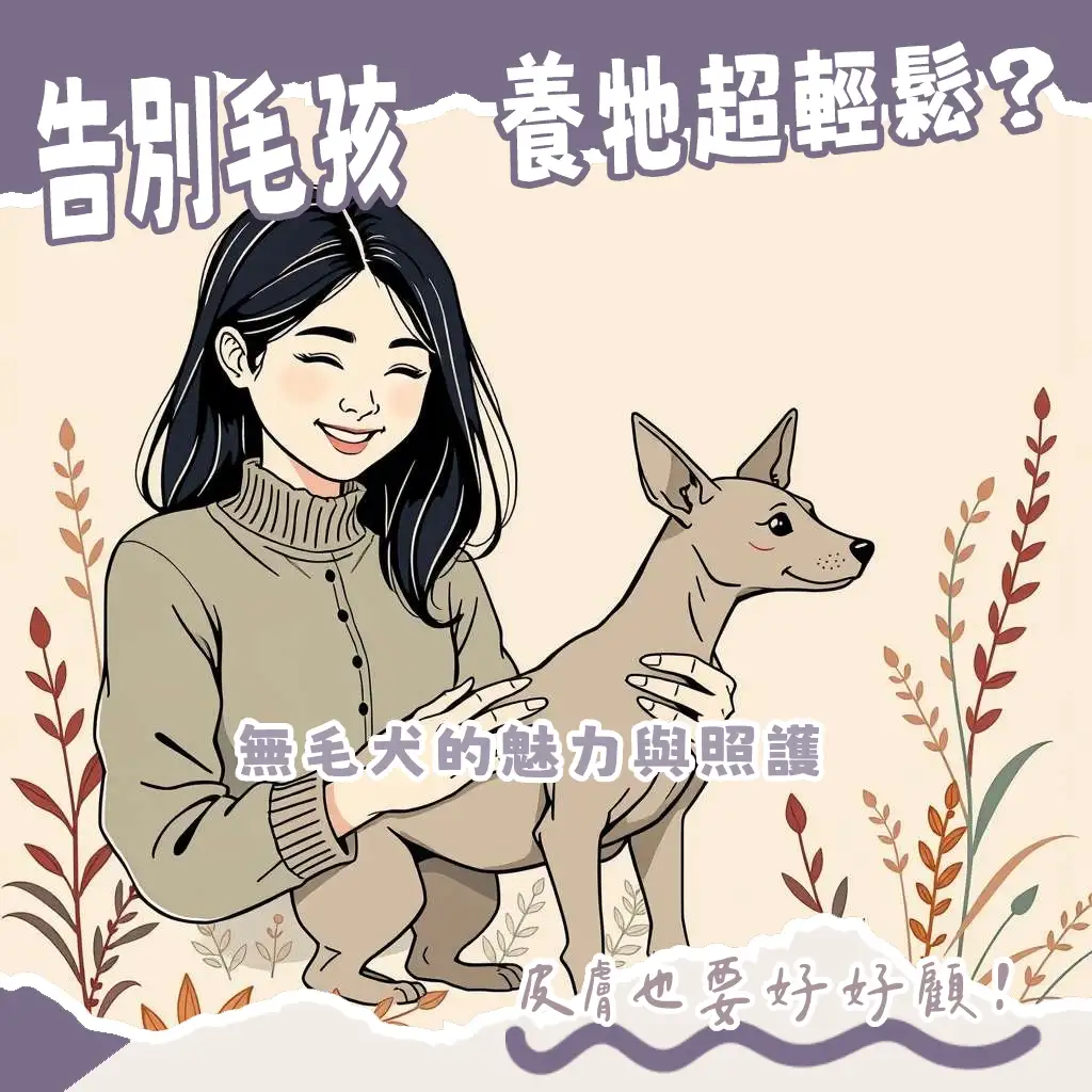 一隻沒有毛的狗坐在陽光下，展示其獨特膚質，旁邊有保濕乳液與小衣服，象徵無毛犬的照護與品種。
