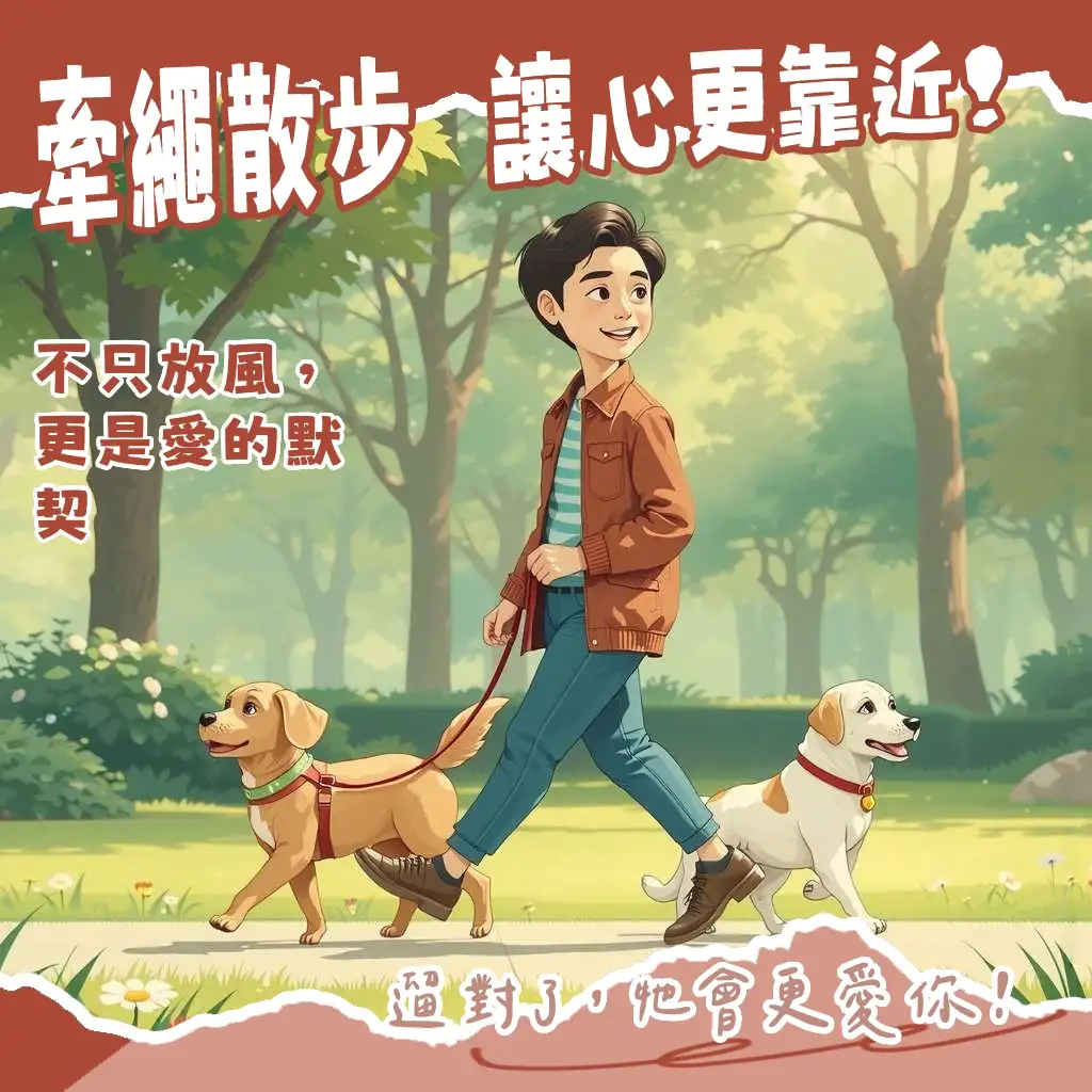狗狗牽繩散步，公園遛狗運動，身心健康活動，飼主責任與技巧，戶外探索快樂時光