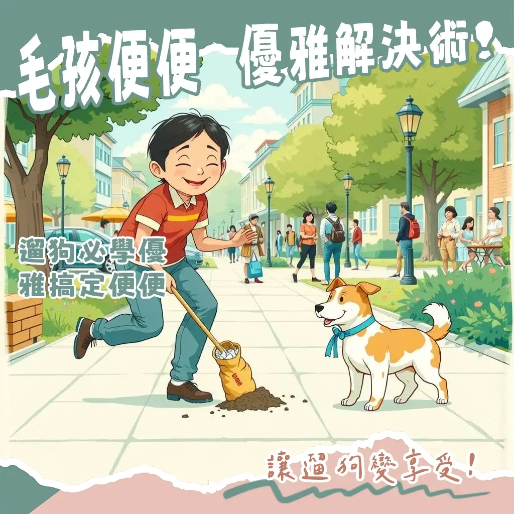遛狗大便處理步驟，圖解狗便袋使用與戶外清潔用品，維護公共環境衛生與飼主責任。