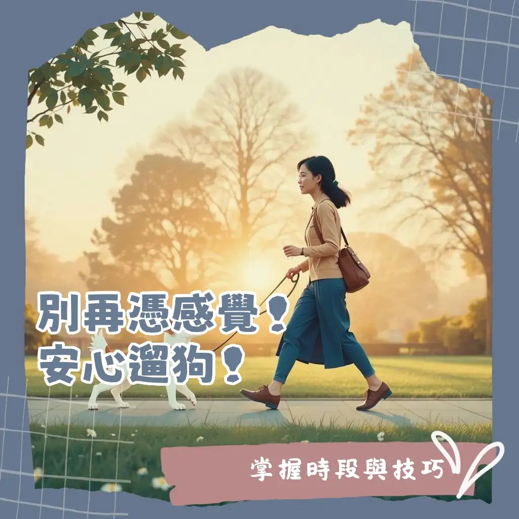 狗狗在清晨公園草地上快樂散步,飼主牽繩陪同,符合什麼時候遛狗主題與安全指南。