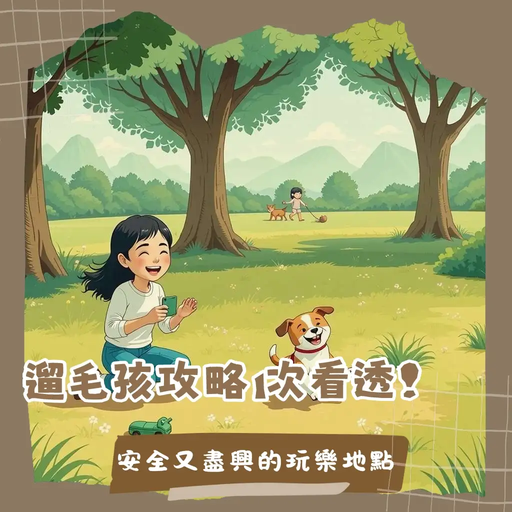 狗狗開心奔跑在草地上,標示哪裡可以跟狗玩的地點指引,包括公園、步道和寵物友善空間。