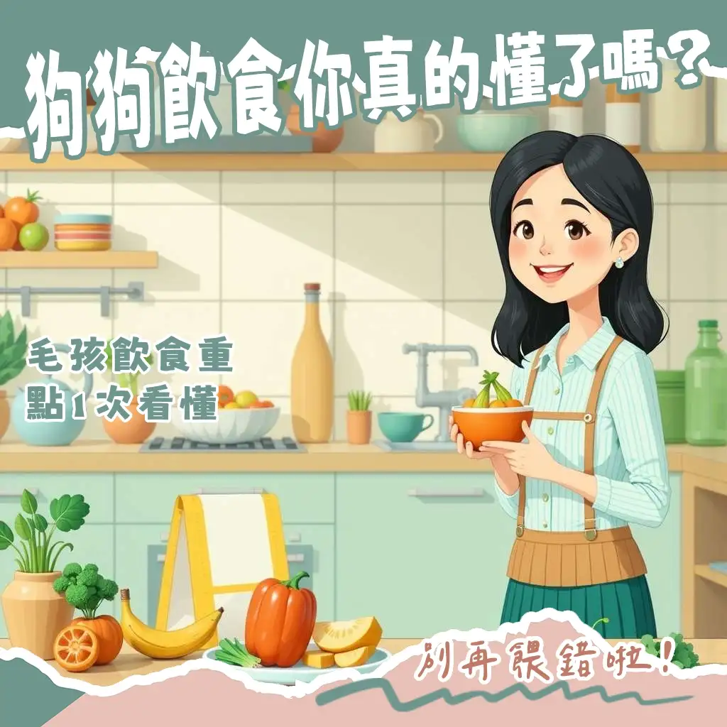 探討狗是雜食性嗎，圖為一隻開心進食的狗狗，周圍有肉類、蔬菜、穀物等多元食物，象徵狗狗的雜食性飲食。