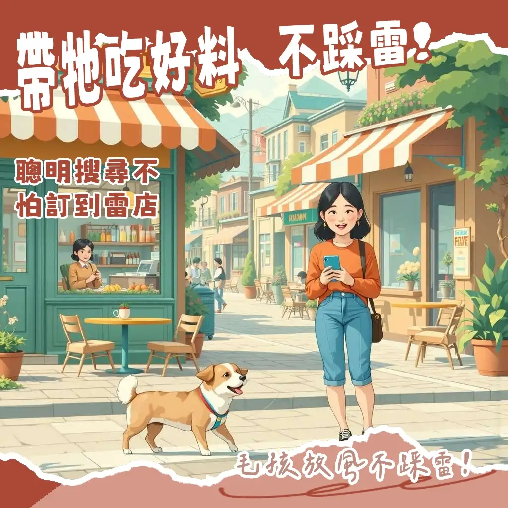 狗狗與飼主在寵物友善餐廳用餐的溫馨畫面,享受附近狗狗餐廳的歡樂時光,提供外出用餐攻略。