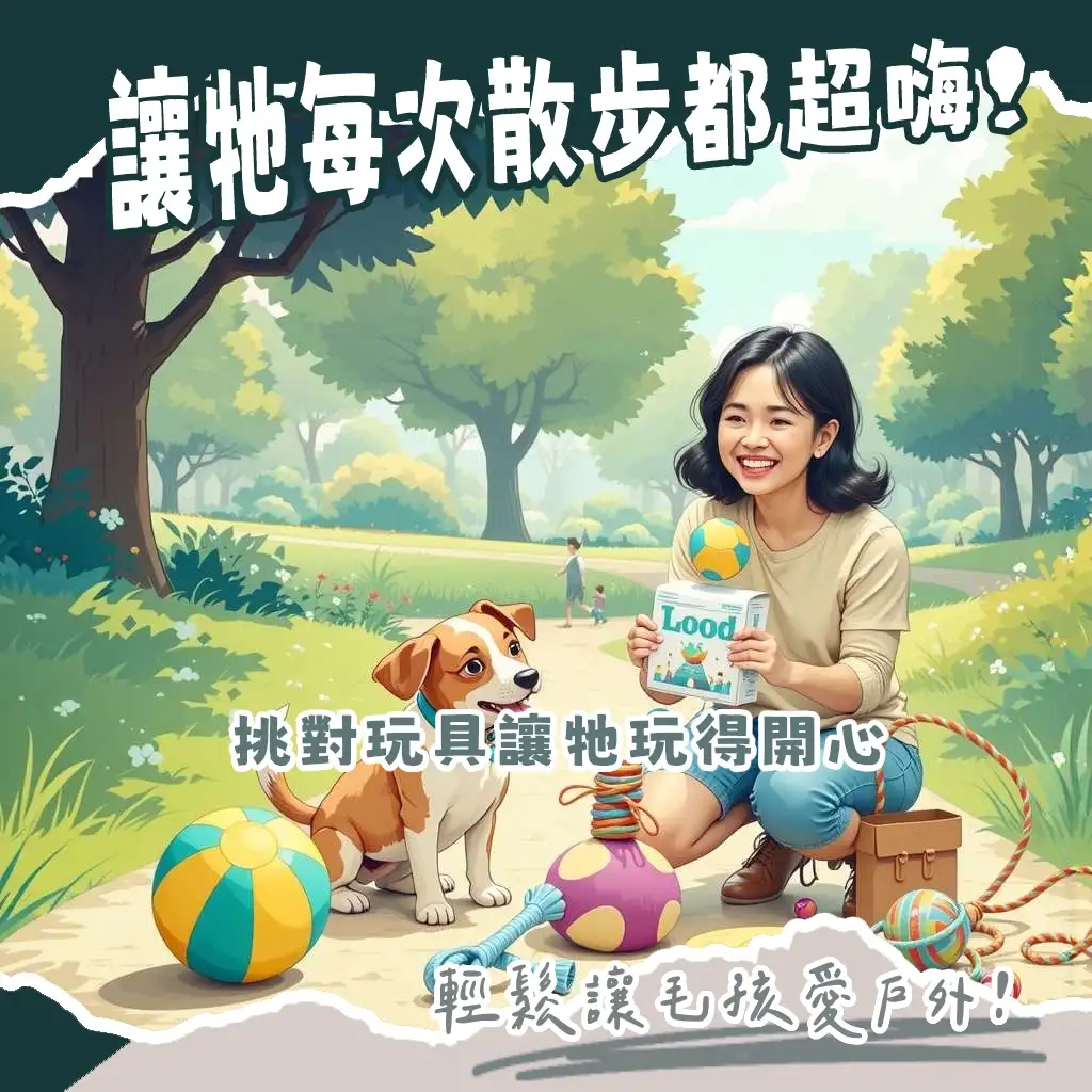 戶外遛狗玩具選擇指南，包含飛盤、球類、拉扯玩具、嗅聞玩具及訓練輔助工具，兼顧耐用性、安全性與清潔便利性。