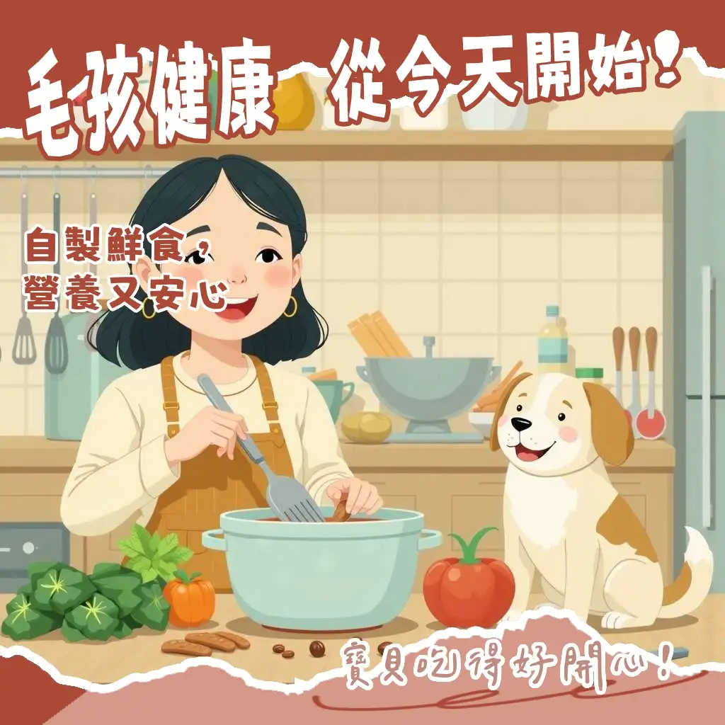 DIY狗食配方指南,包含新鮮雞肉、蔬菜、地瓜等食材,強調營養均衡的自製狗狗鮮食。