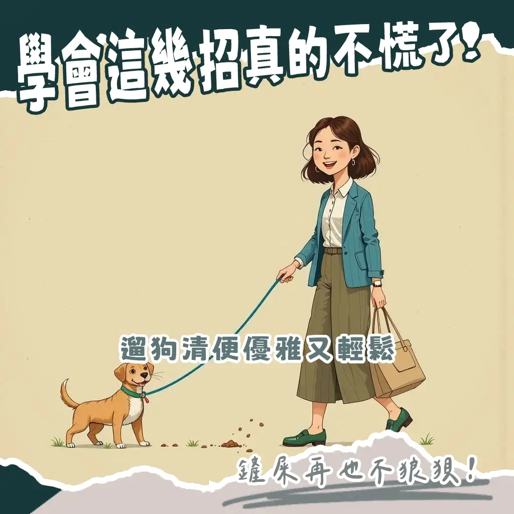 飼主帶著狗狗在戶外散步，正在使用拾便袋清理狗狗的排泄物，展現遛狗大便的負責行為。